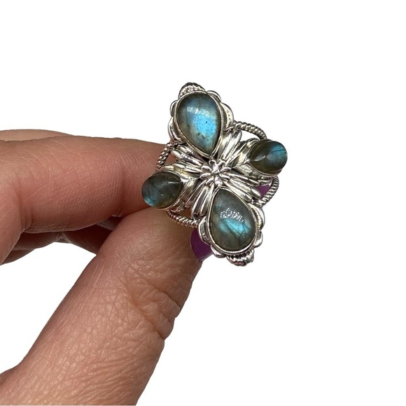 Blue Fire Flash Labradorite Ring Size 7.5 Solid Sterling Silver 925 Statement - Picture 7 of 12